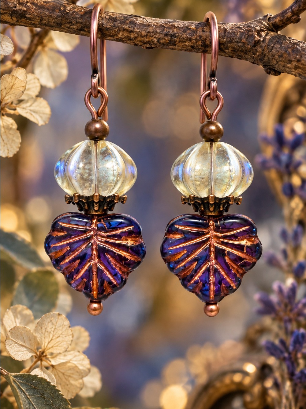 Aubergine Blue Czech Glass Leaf & Melon Bead Copper Earrings